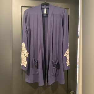 Women's Navy Blue Cardigan with Cream Lace Accents Sz L